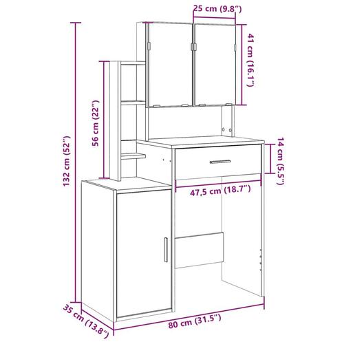 Makeupbord med skab 80x35x132 cm sonoma-eg