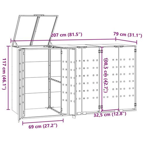 Skraldespandsskjuler 207x79x117 cm 3 rum stål sort