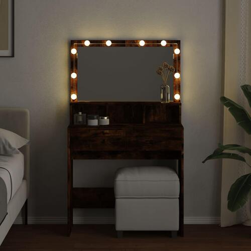 Makeupbord med LED-lys 80x41x134,5 cm røget egetræsfarve