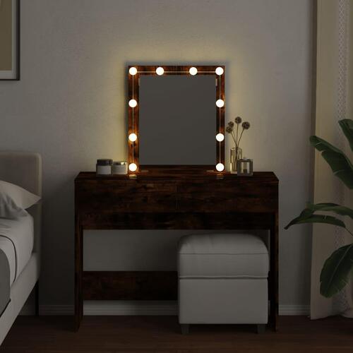 Makeupbord med LED-lys 100x40x130 cm røget egetræsfarve