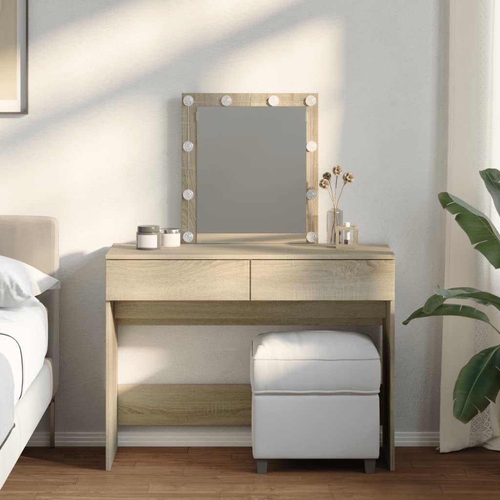 Makeupbord med LED-lys 100x40x130 cm brun sonoma-eg
