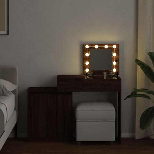 Makeupbord med LED-lys 115x37x110,5 cm brun egetræsfarve