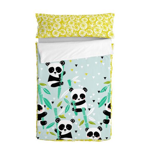 Vatteret sengetøj med lynlås HappyFriday Moshi Moshi Panda Garden Blue Blå 105 x 200 cm