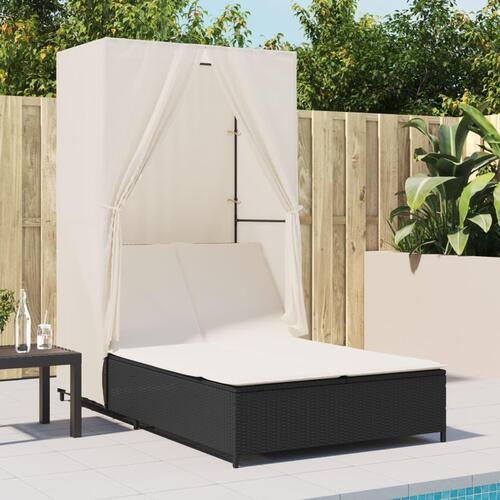 Solseng med tag og gardiner polyrattan sort