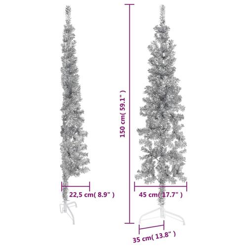 Kunstigt halvt juletræ med juletræsfod 150 cm smalt sølvfarvet