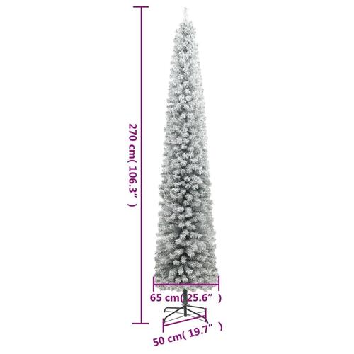 Smalt juletræ med juletræsfod og sne 270 cm PVC