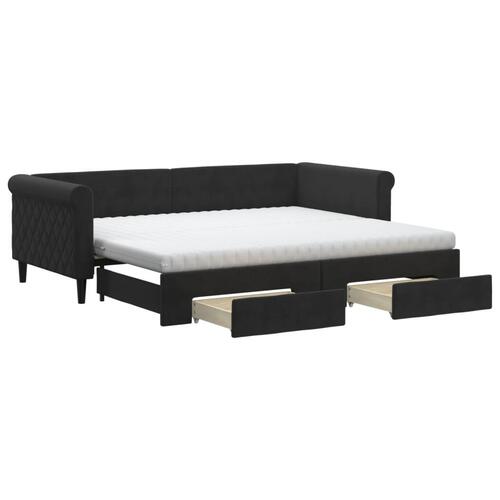 Daybed med udtræk og skuffer 90x200 cm velour sort