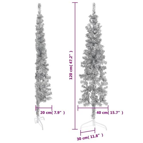 Kunstigt halvt juletræ med juletræsfod 120 cm smalt sølvfarvet