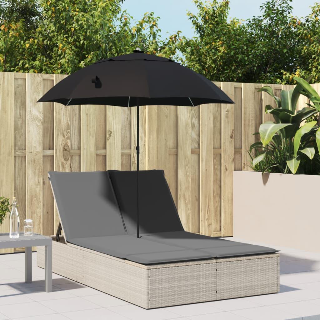 Dobbelt loungesofa med hynder og parasol polyrattan lysegrå