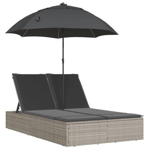 Dobbelt loungesofa med hynder og parasol polyrattan lysegrå