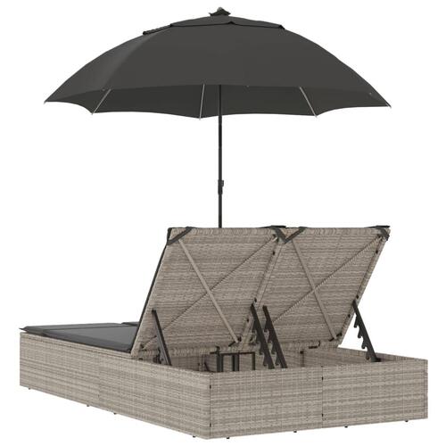 Dobbelt loungesofa med hynder og parasol polyrattan lysegrå