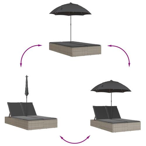 Dobbelt loungesofa med hynder og parasol polyrattan lysegrå