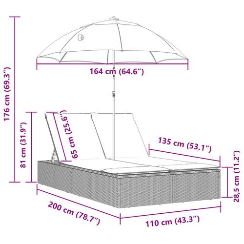 Dobbelt loungesofa med hynder og parasol polyrattan lysegrå