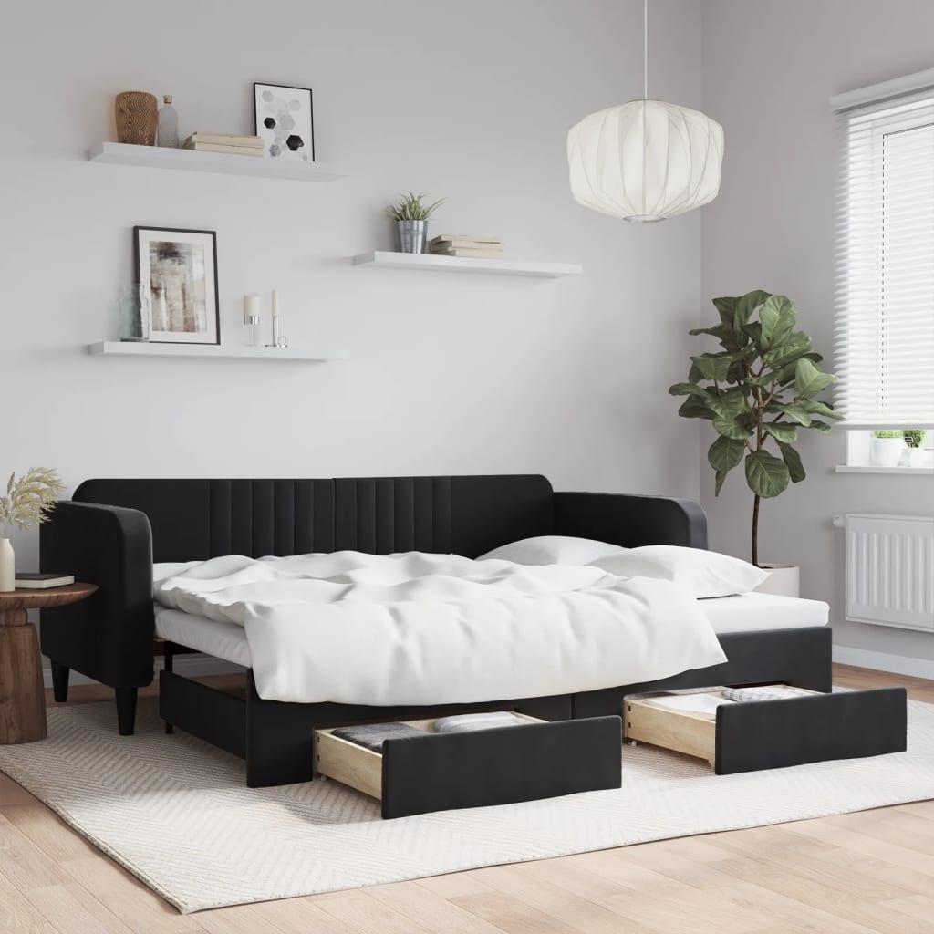 Daybed Velour Sort - med udtræk og skuffe / 90 x 200 cm