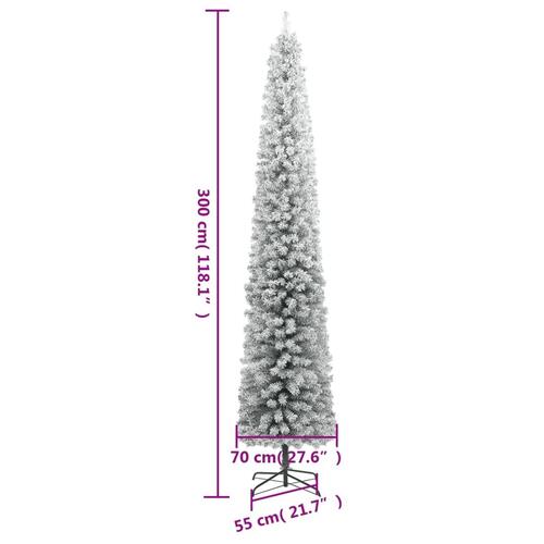 Smalt juletræ med juletræsfod og sne 300 cm PVC