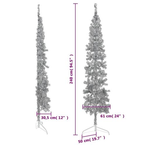 Kunstigt halvt juletræ med juletræsfod 240 cm smalt sølvfarvet