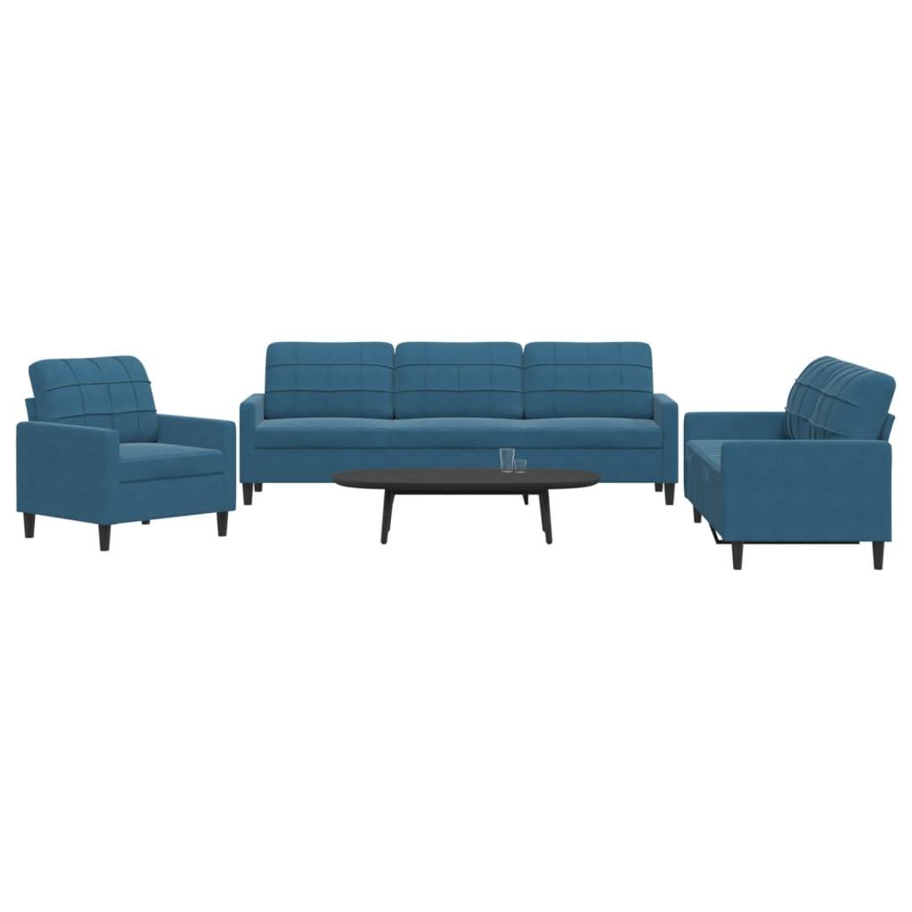 3 personers sofa med hynder velour blå