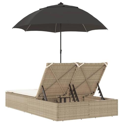 Dobbelt loungesofa med hynder og parasol polyrattan beige