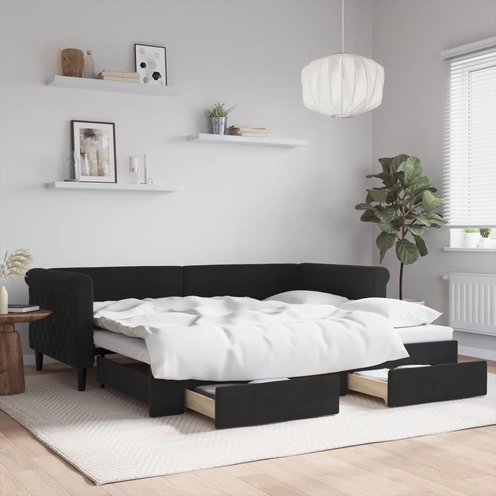 Daybed Velour Sort - med udtræk og skuffe / 90 x 200 cm