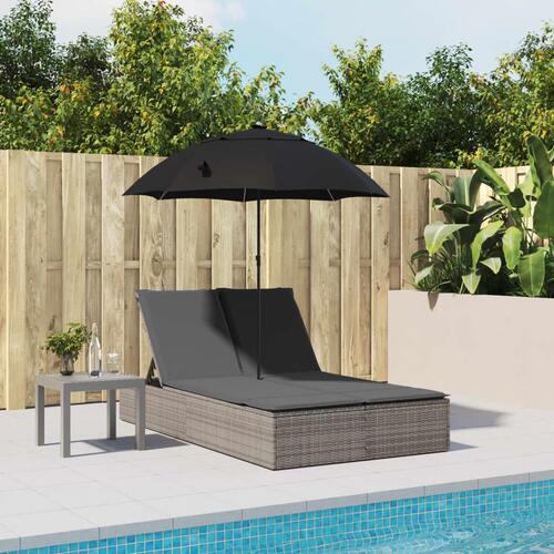 Dobbelt loungesofa med hynder og parasol polyrattan grå