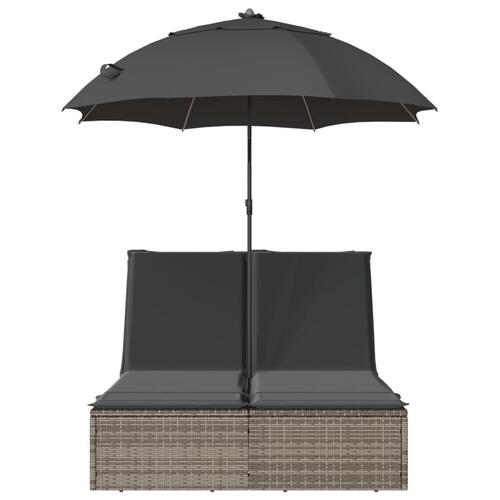 Dobbelt loungesofa med hynder og parasol polyrattan grå