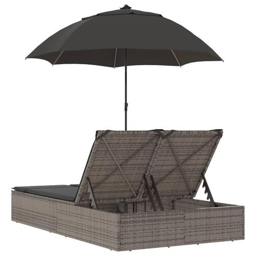 Dobbelt loungesofa med hynder og parasol polyrattan grå