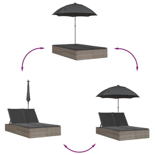 Dobbelt loungesofa med hynder og parasol polyrattan grå