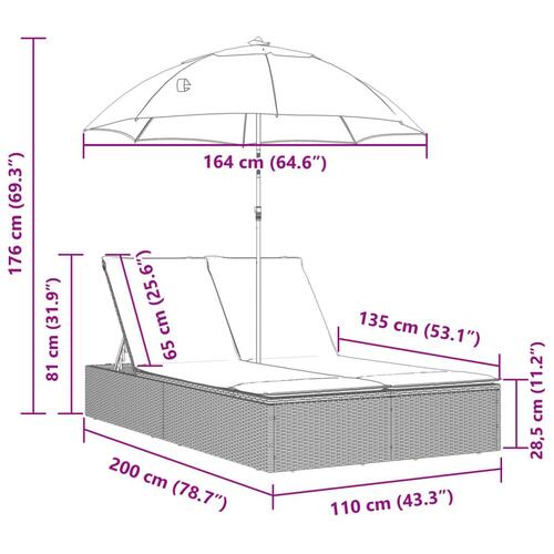 Dobbelt loungesofa med hynder og parasol polyrattan grå