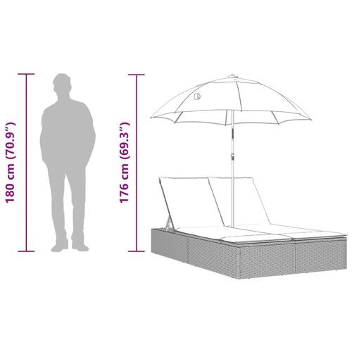Dobbelt loungesofa med hynder og parasol polyrattan grå