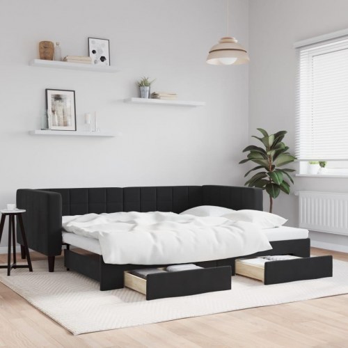 Daybed med udtræk og 2 skuffer 90 x 200 cm - sort velour