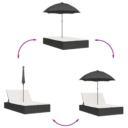 Dobbelt loungesofa med hynder og parasol polyrattan brun
