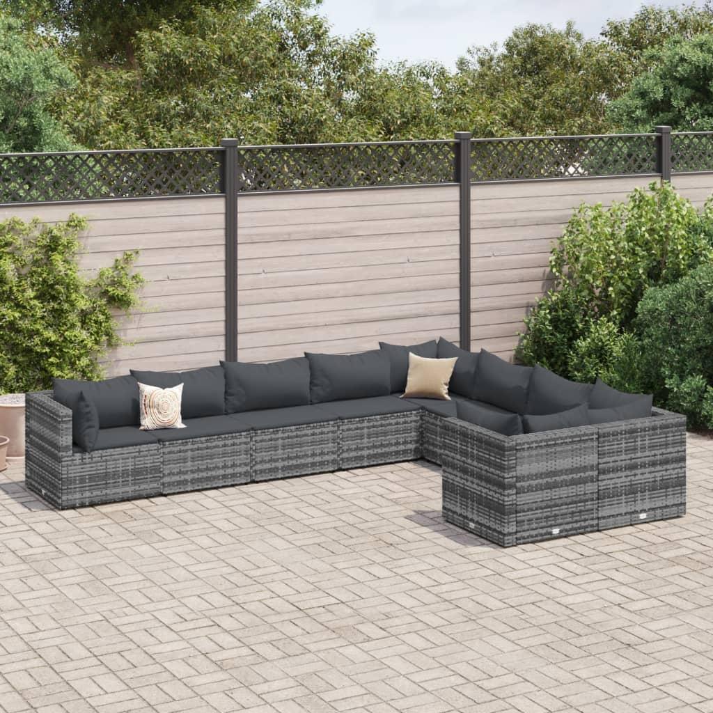 Sofasæt til haven i polyrattan - 9 dele med hynder, grå