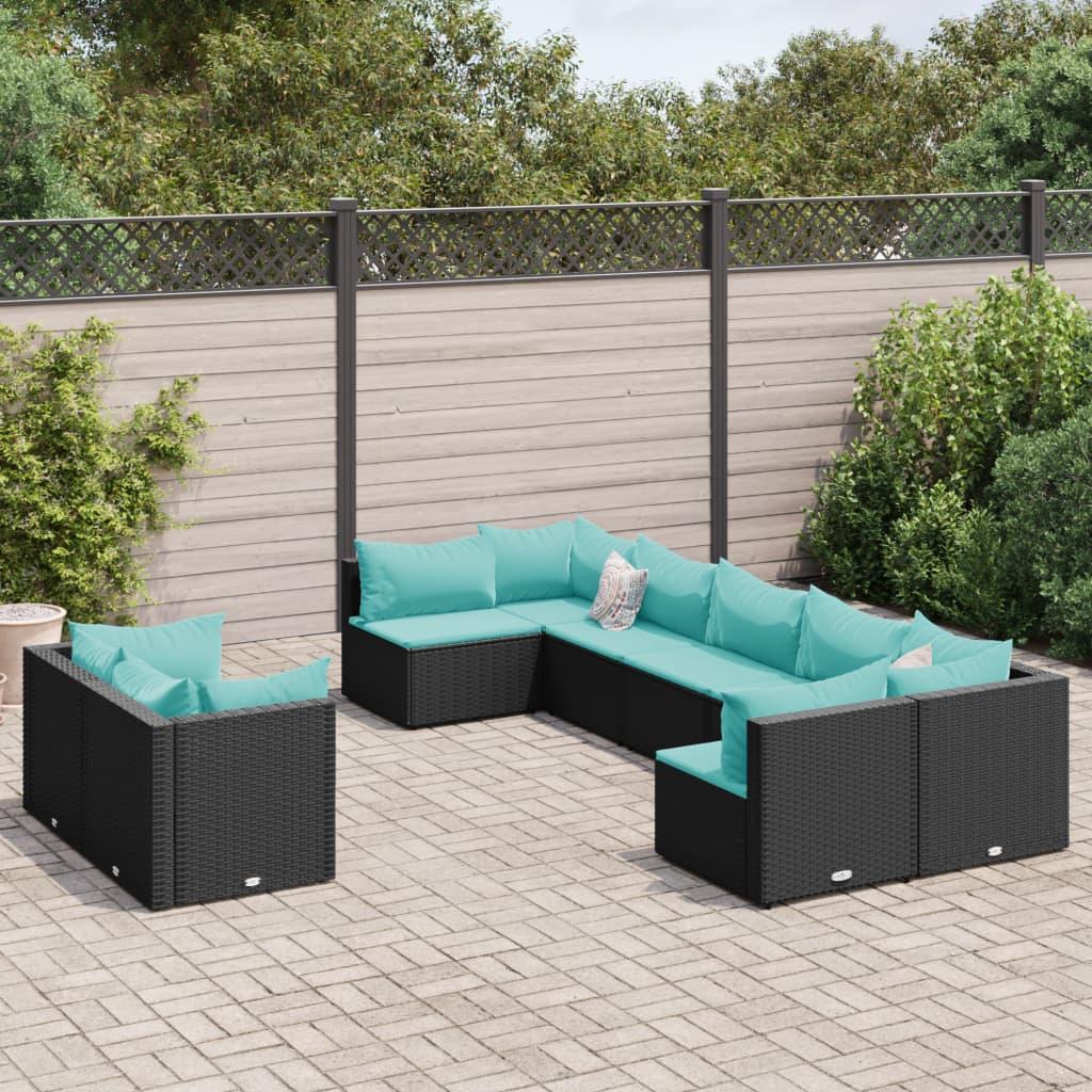 Havesofasæt i polyrattan - 9 dele med aquablå hynder, sort billede