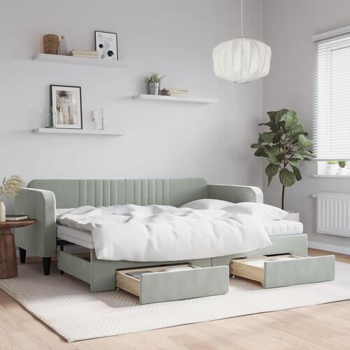 Daybed med udtræk og skuffer 80x200 cm velour lysegrå