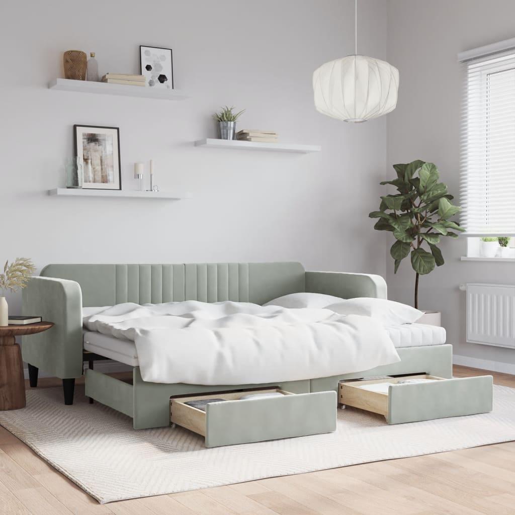 Daybed med udtræk og skuffer 80x200 cm velour lysegrå