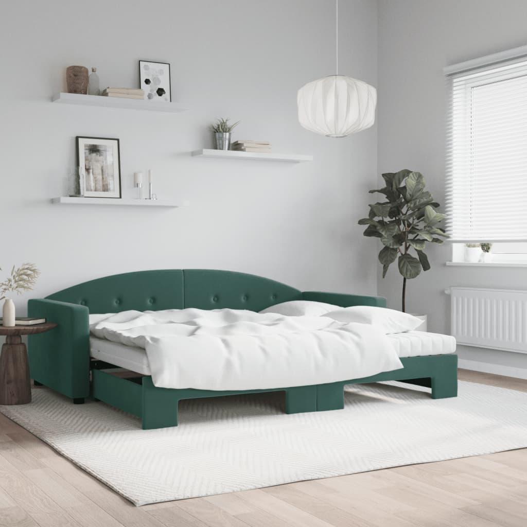 Daybed med udtræk og madras 90x200 cm velour mørkegrøn billede