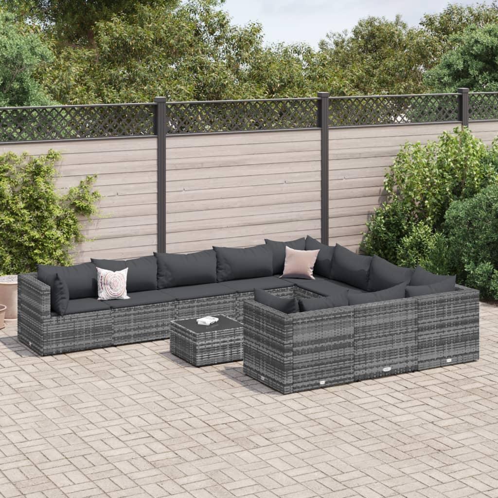 Loungesæt til haven 11 dele med hynder polyrattan grå billede