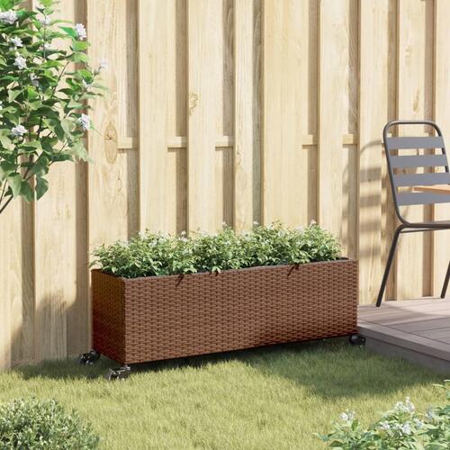 Plantekasse med hjul og 3 krukker 107x32x38 cm polyrattan brun