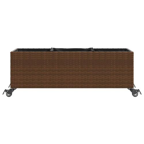 Plantekasse med hjul og 3 krukker 107x32x38 cm polyrattan brun
