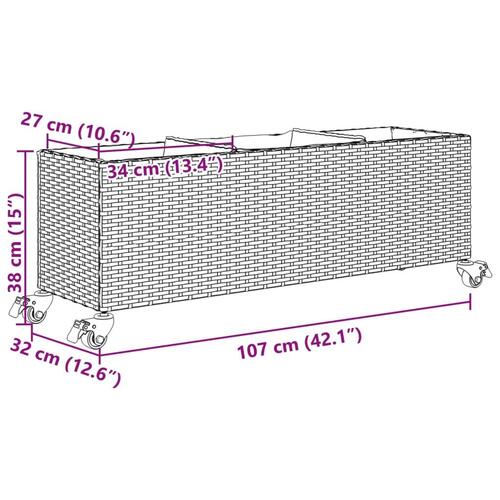 Plantekasse med hjul og 3 krukker 107x32x38 cm polyrattan brun