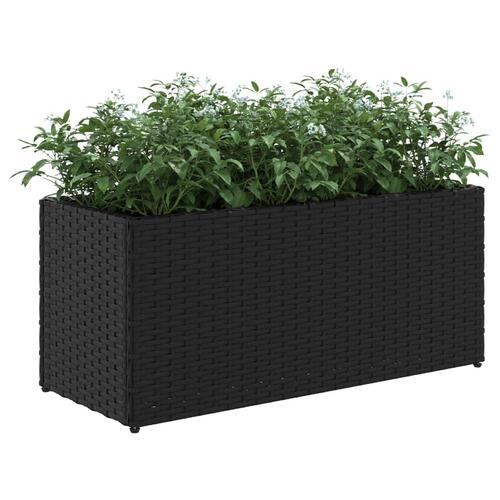 Plantekasse med hjul og 2 krukker 72x30x32 cm polyrattan sort