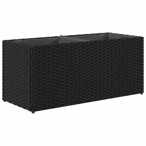 Plantekasse med hjul og 2 krukker 72x30x32 cm polyrattan sort