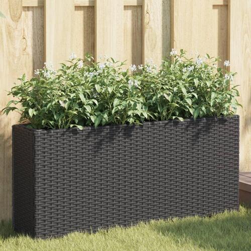 Plantekasse med 2 krukker 90x20x40 cm polyrattan sort