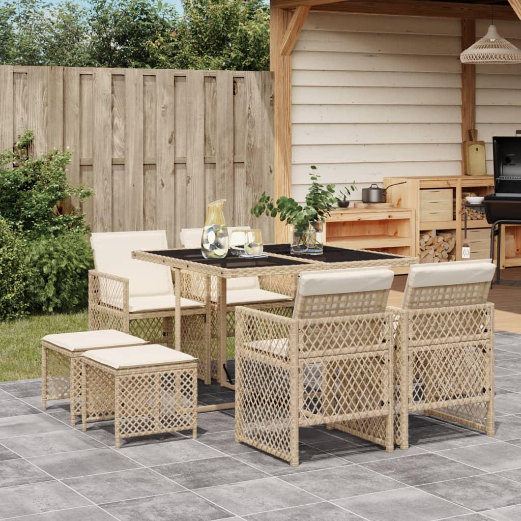 Spisebordssæt til haven 9 dele med hynder polyrattan beige