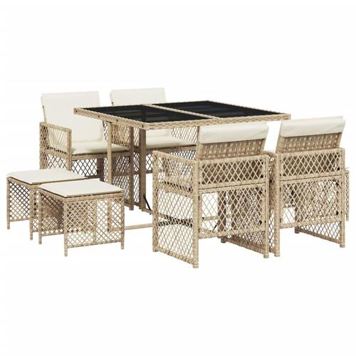 Spisebordssæt til haven 9 dele med hynder polyrattan beige