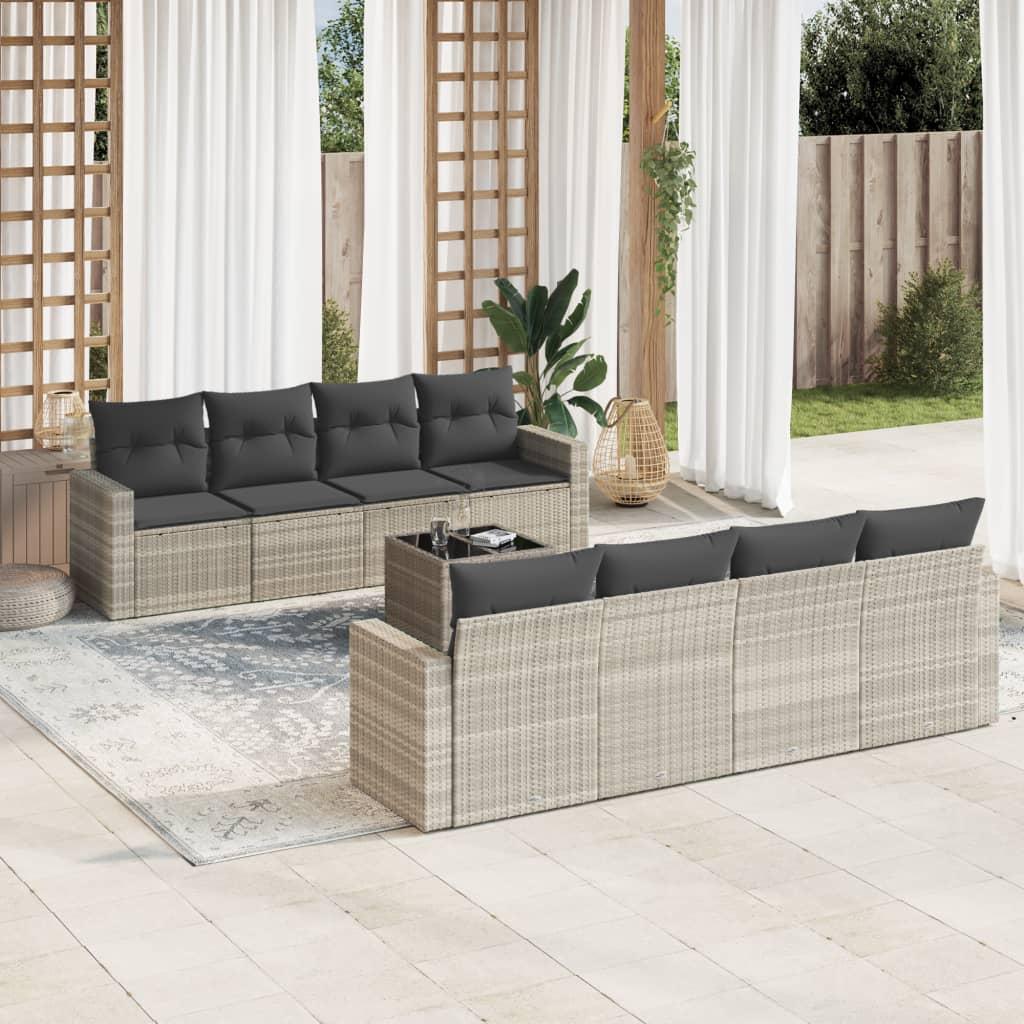 Sofasæt til haven 9 dele med hynder polyrattan lysegrå billede