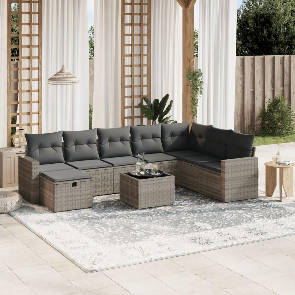 Sofasæt til haven 9 dele med hynder polyrattan lysegrå