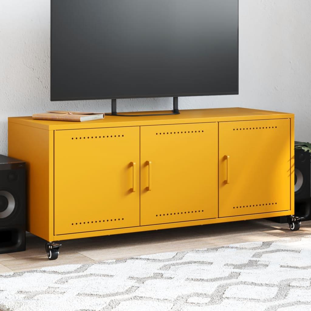 Tv-bord i stål med 3 låger og hjul - 100,5×39×43,5 cm, sennepsgul billede