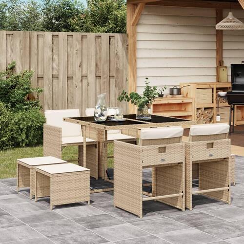 Spisebordssæt til haven 9 dele med hynder polyrattan beige