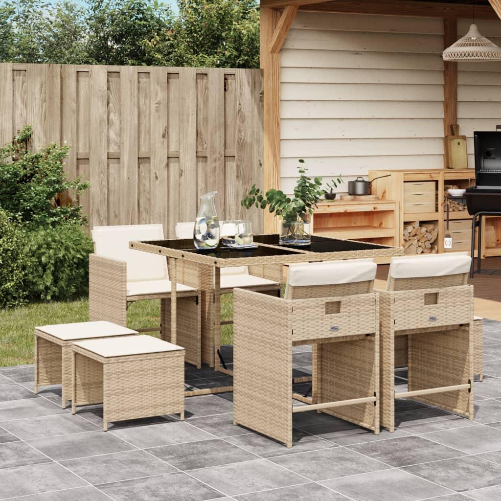 Spisebordssæt til haven 9 dele med hynder polyrattan beige